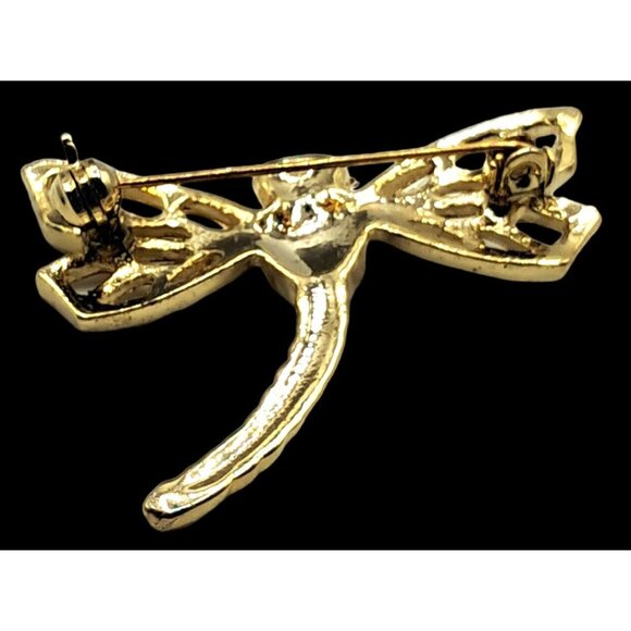 Vintage Dragonfly Brooch With Faux Pearl Clear Rhinestones Crystals Figural Pin - Picture 7 of 8